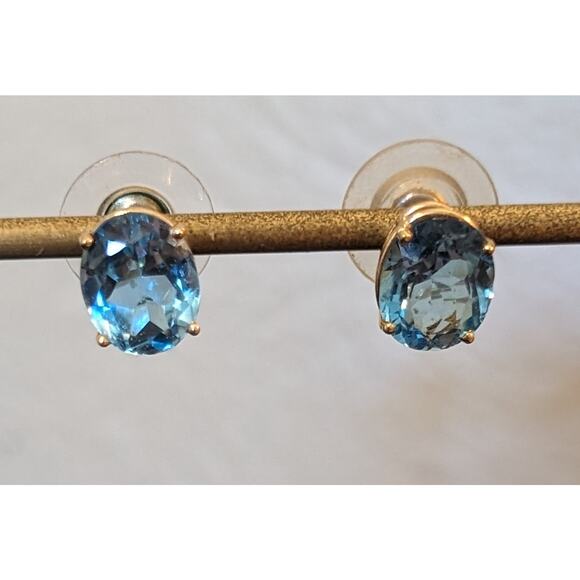 Stamped Tested 14k Gold 4ct Oval Blue Topaz Solitaire Basket Set Stud Earrings - Picture 1 of 9